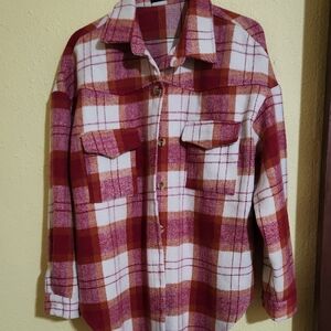 Women's Lucky & Blessed Burgundy,pink and Cream Plaid Utility Shacket